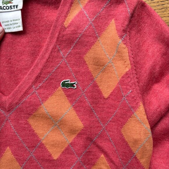LACOSTE Pink and Orange Pattern V-Neck Sweater - Picture 5 of 5